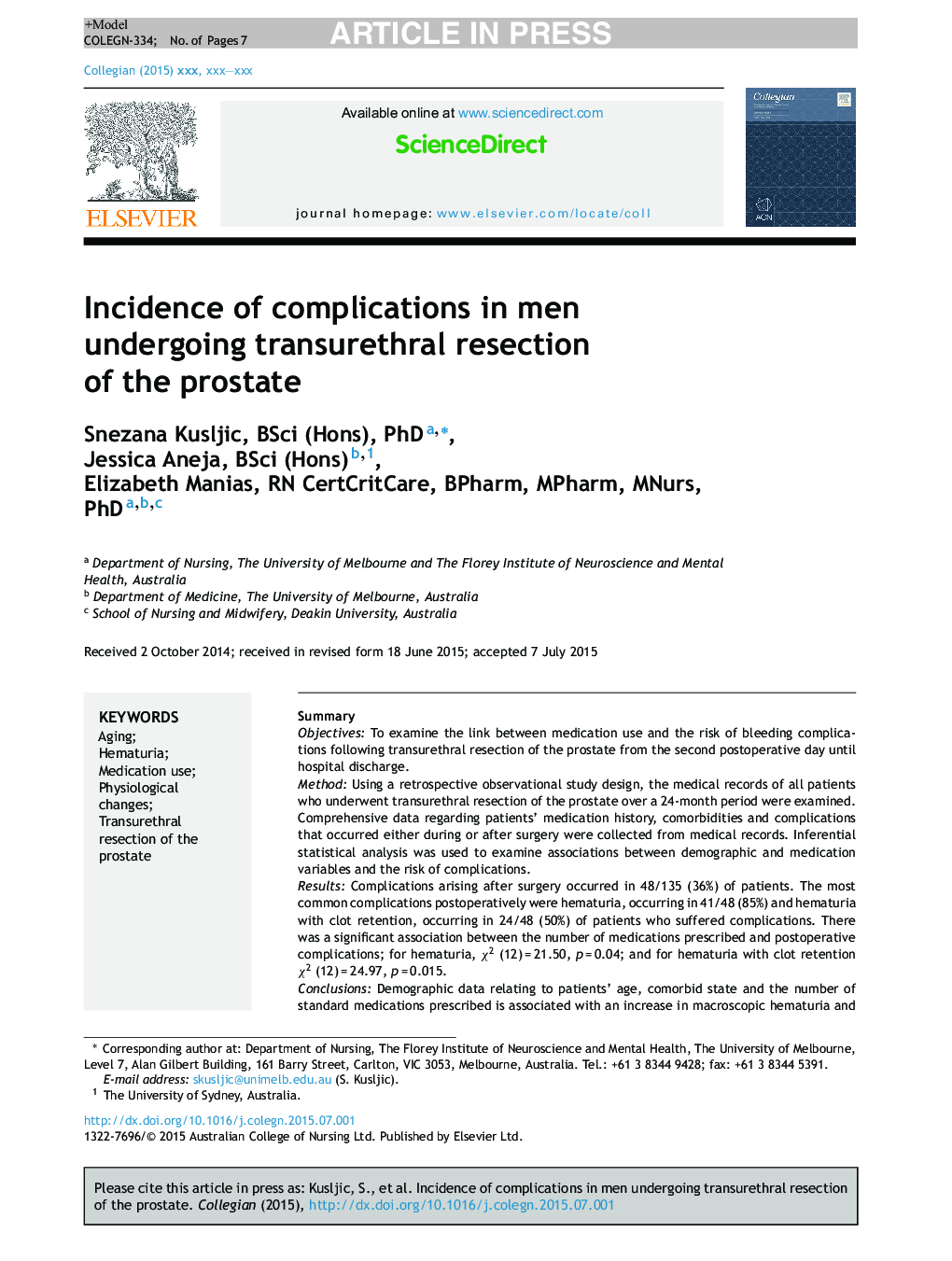 Incidence of complications in men undergoing transurethral resection of the prostate