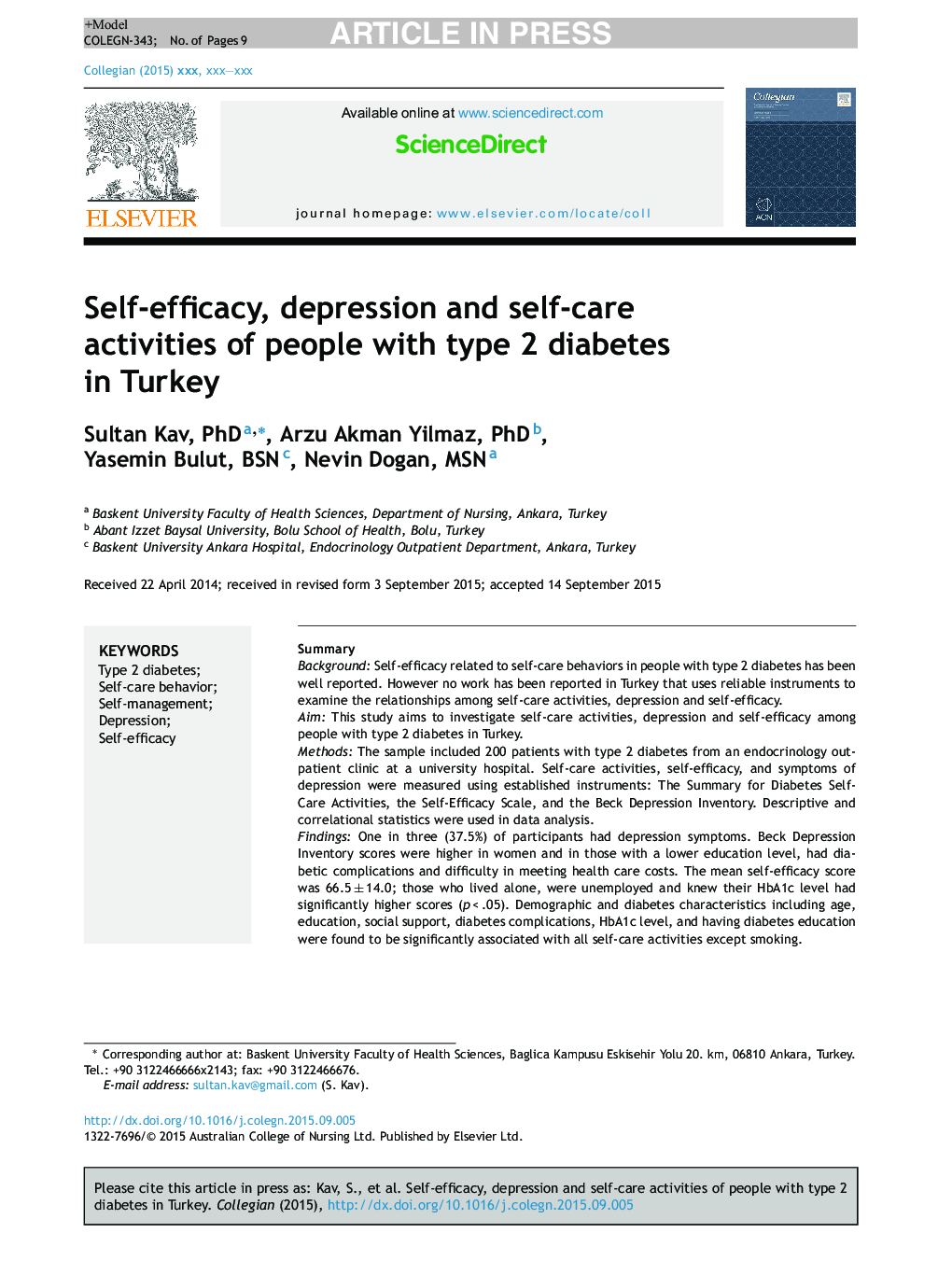Self-efficacy, depression and self-care activities of people with type 2 diabetes in Turkey
