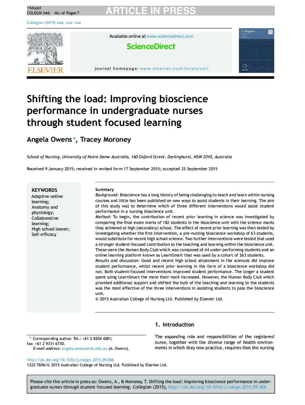 Shifting the load: Improving bioscience performance in undergraduate nurses through student focused learning