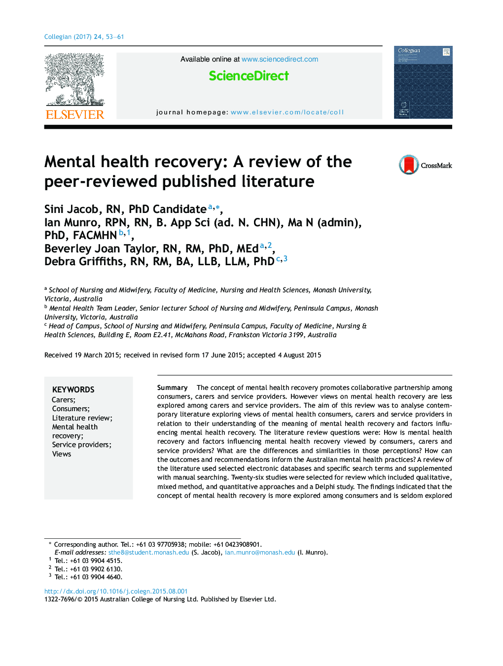 Mental health recovery: A review of the peer-reviewed published literature