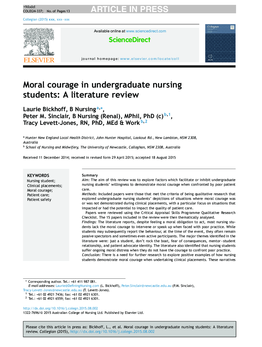 Moral courage in undergraduate nursing students: A literature review