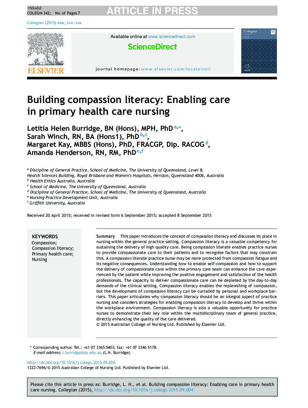 Building compassion literacy: Enabling care in primary health care nursing