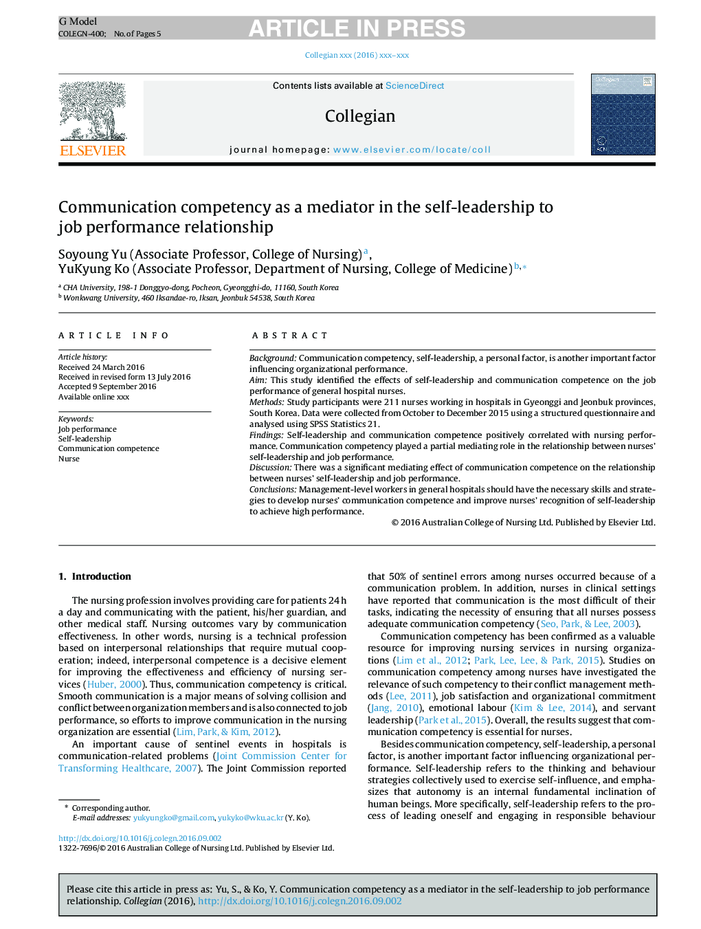 Communication competency as a mediator in the self-leadership to job performance relationship