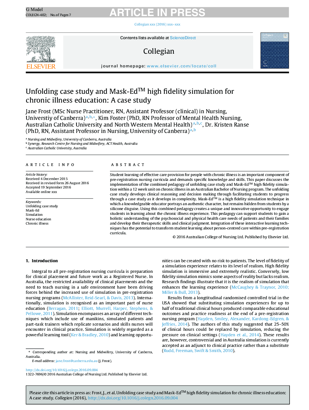 Unfolding case study and Mask-Edâ¢ high fidelity simulation for chronic illness education: A case study