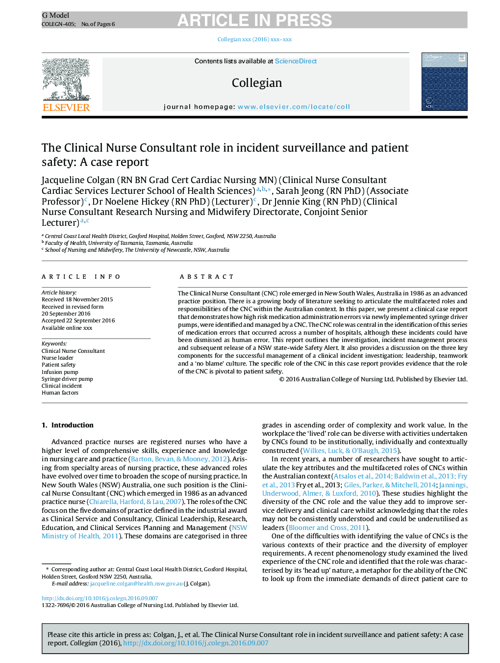 The Clinical Nurse Consultant role in incident surveillance and patient safety: A case report