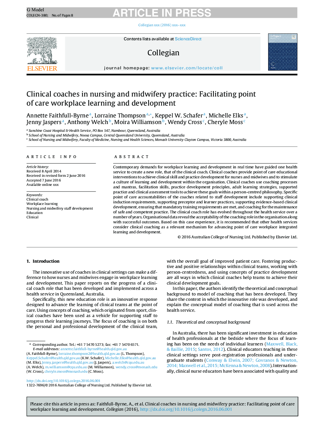 Clinical coaches in nursing and midwifery practice: Facilitating point of care workplace learning and development