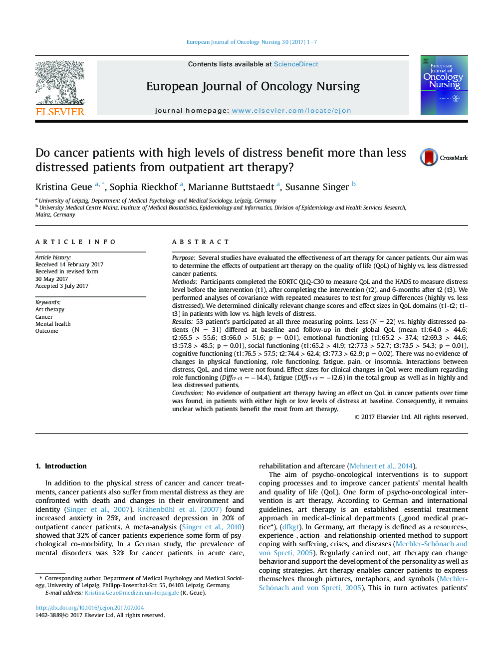 Do cancer patients with high levels of distress benefit more than less distressed patients from outpatient art therapy?