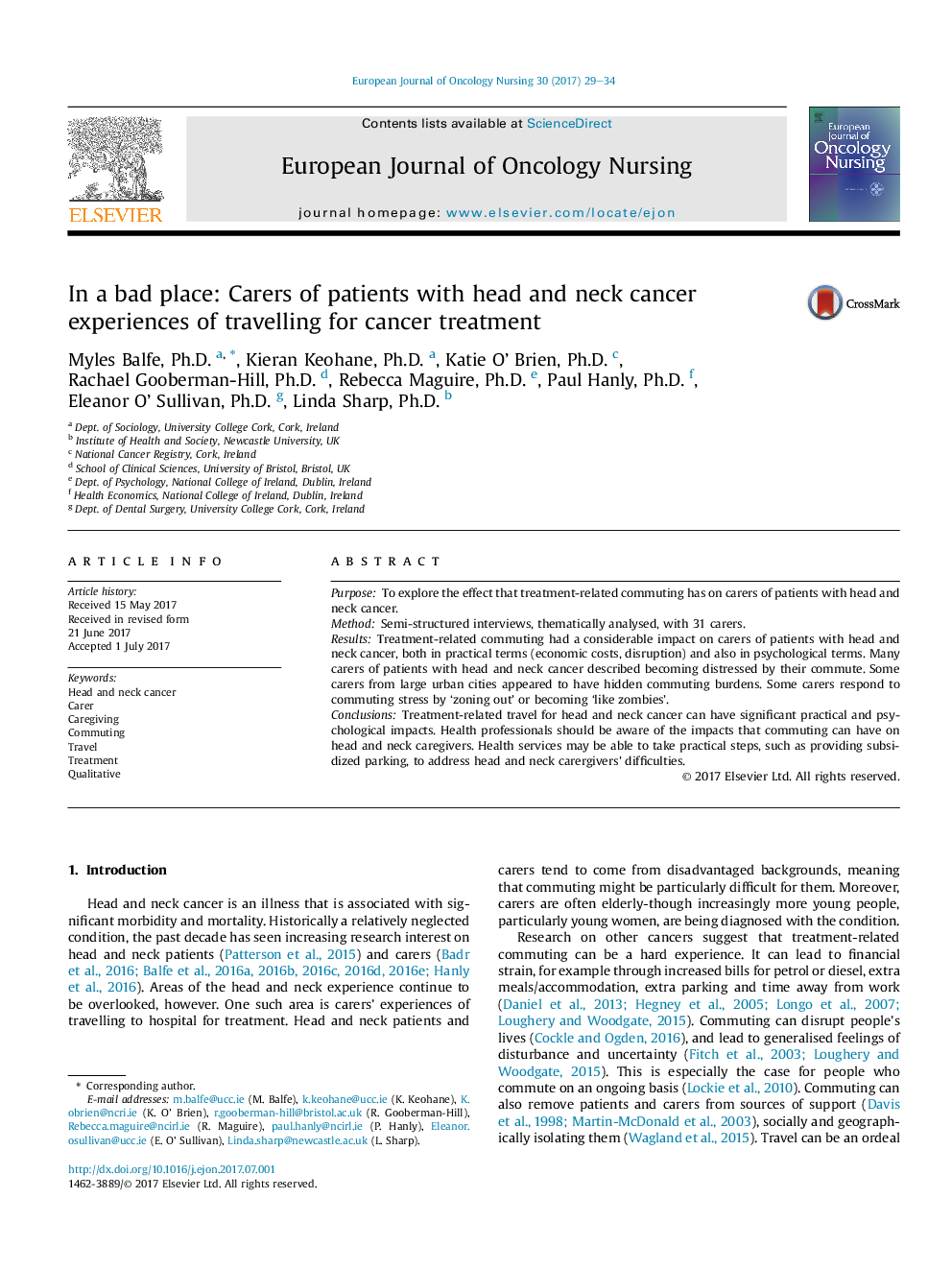 In a bad place: Carers of patients with head and neck cancer experiences of travelling for cancer treatment