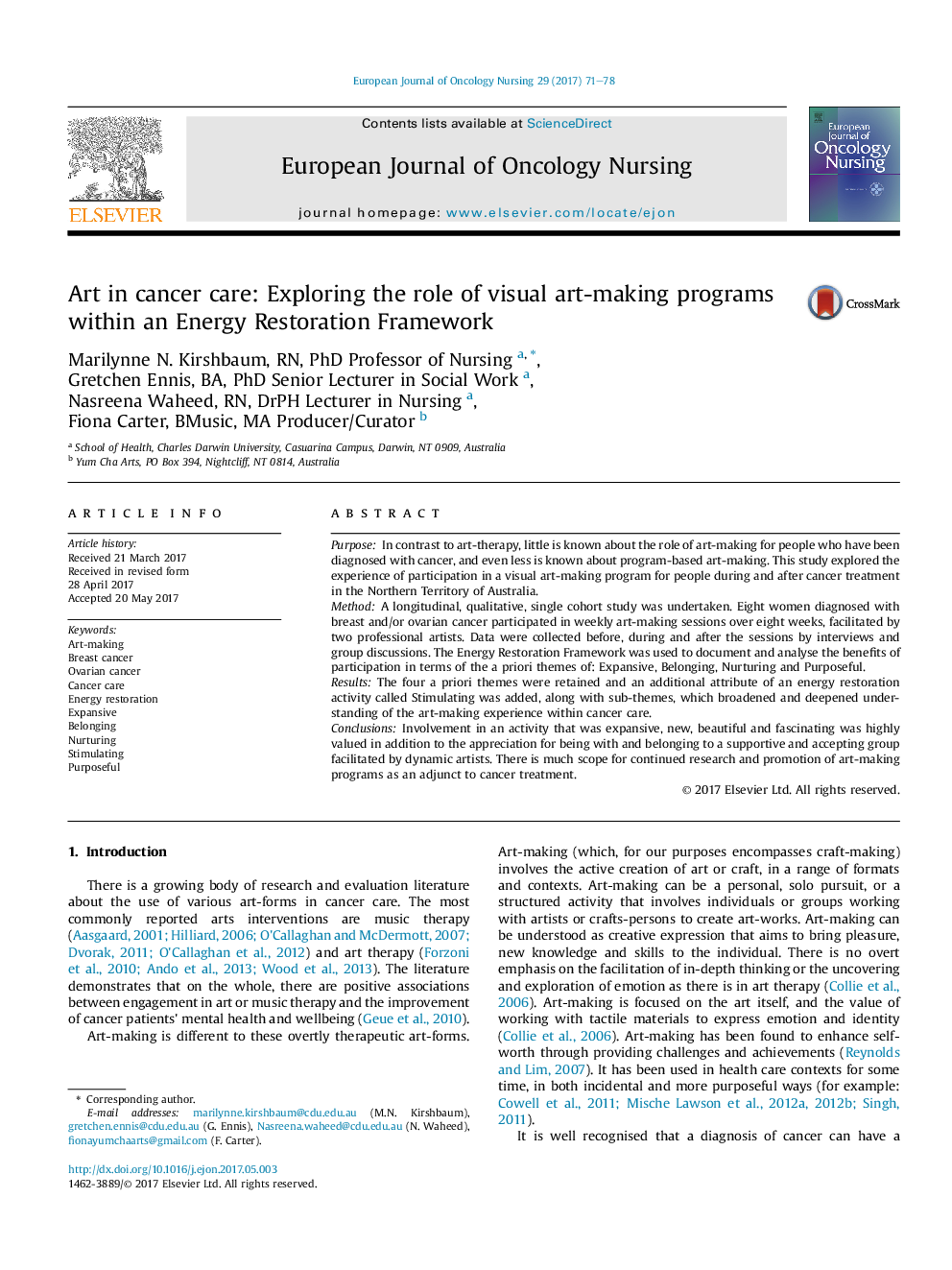 Art in cancer care: Exploring the role of visual art-making programs within an Energy Restoration Framework