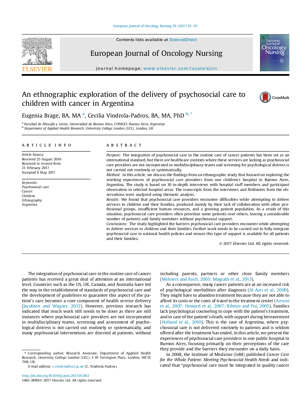 An ethnographic exploration of the delivery of psychosocial care to children with cancer in Argentina