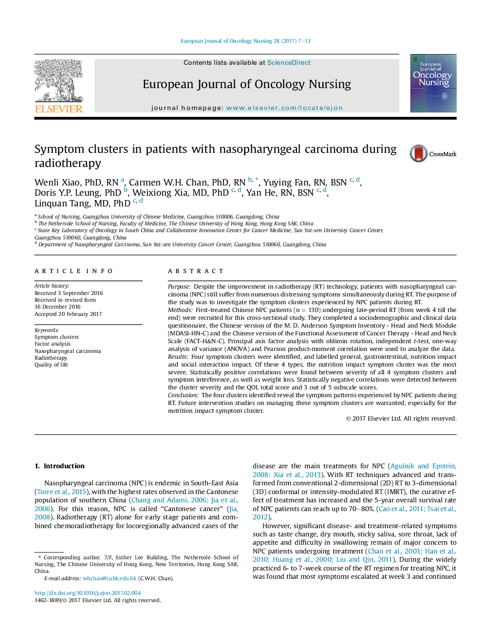 Symptom clusters in patients with nasopharyngeal carcinoma during radiotherapy