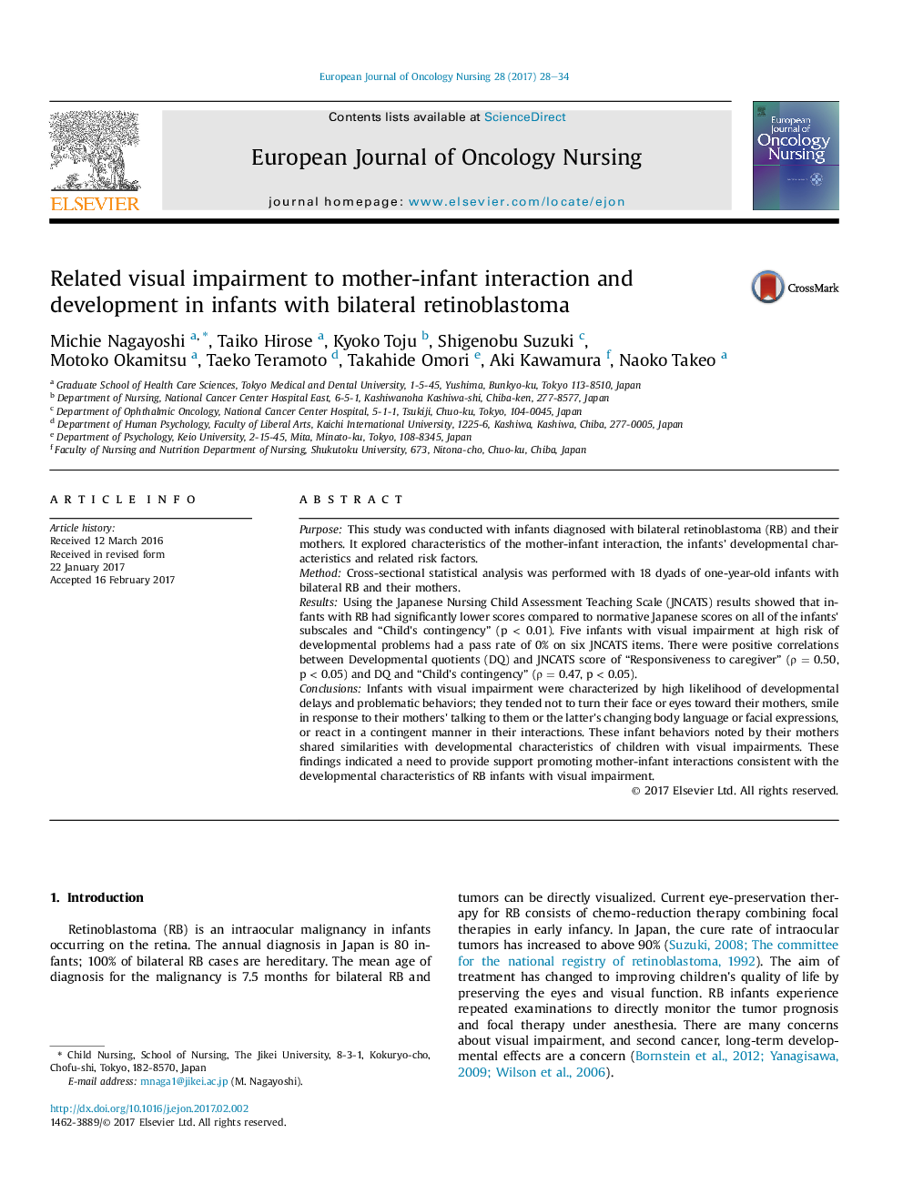 Related visual impairment to mother-infant interaction and development in infants with bilateral retinoblastoma