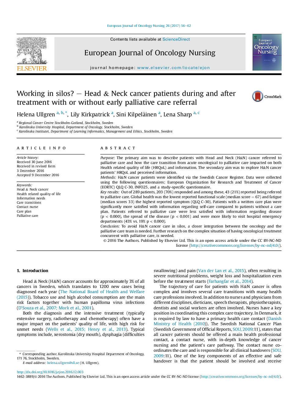 Working in silos? - Head & Neck cancer patients during and after treatment with or without early palliative care referral