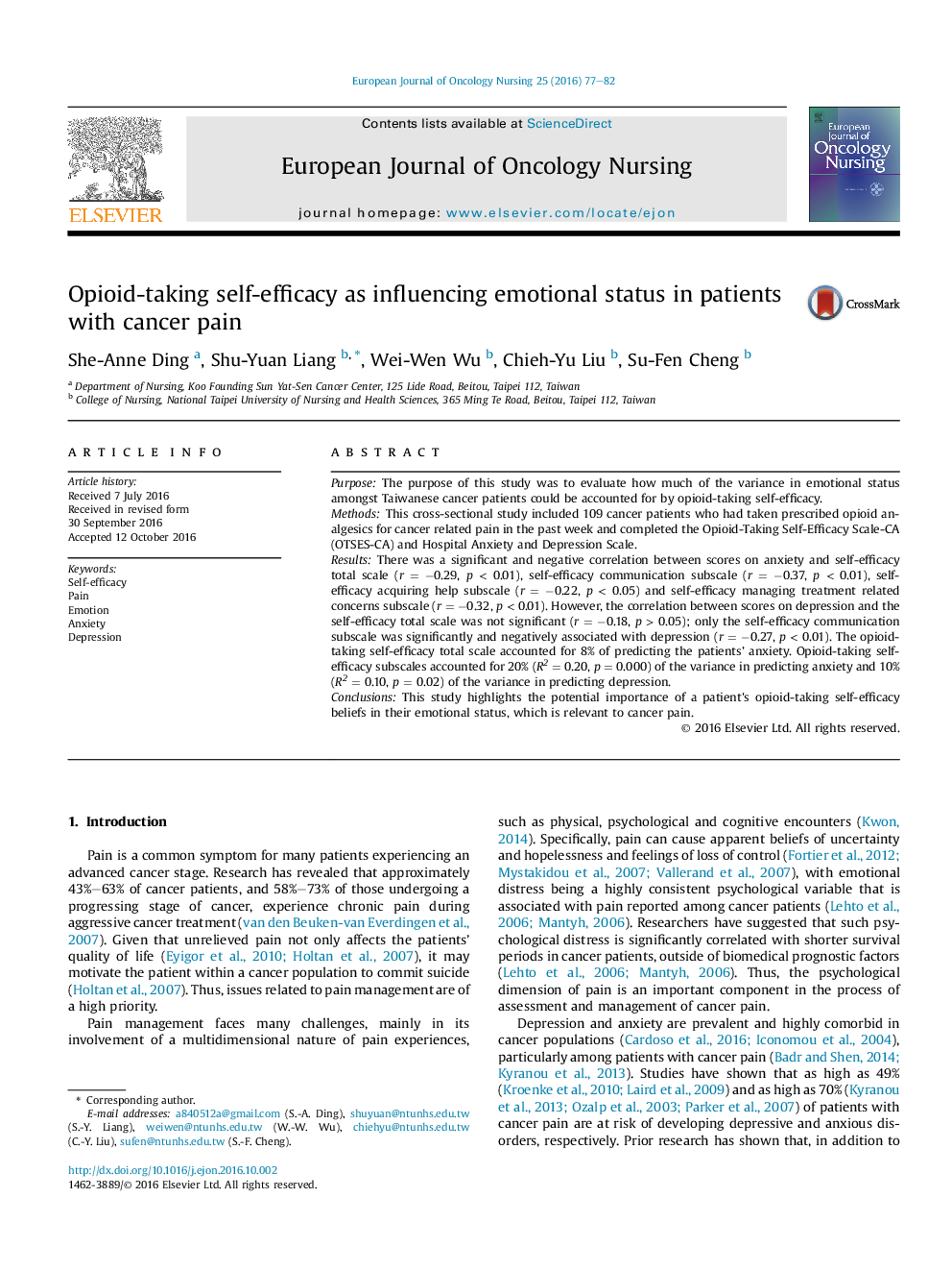 Opioid-taking self-efficacy as influencing emotional status in patients with cancer pain