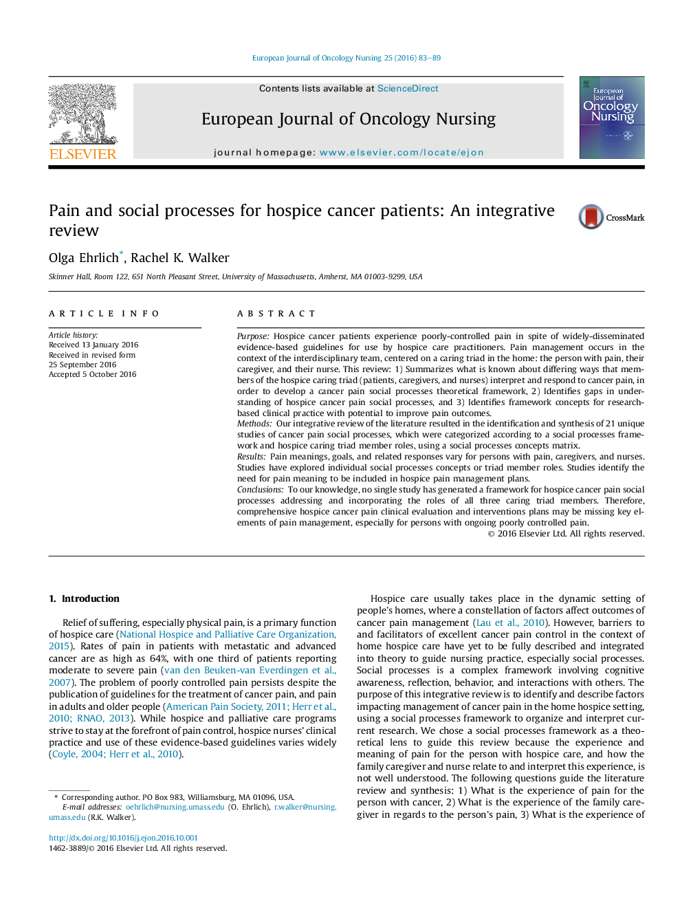 Pain and social processes for hospice cancer patients: An integrative review