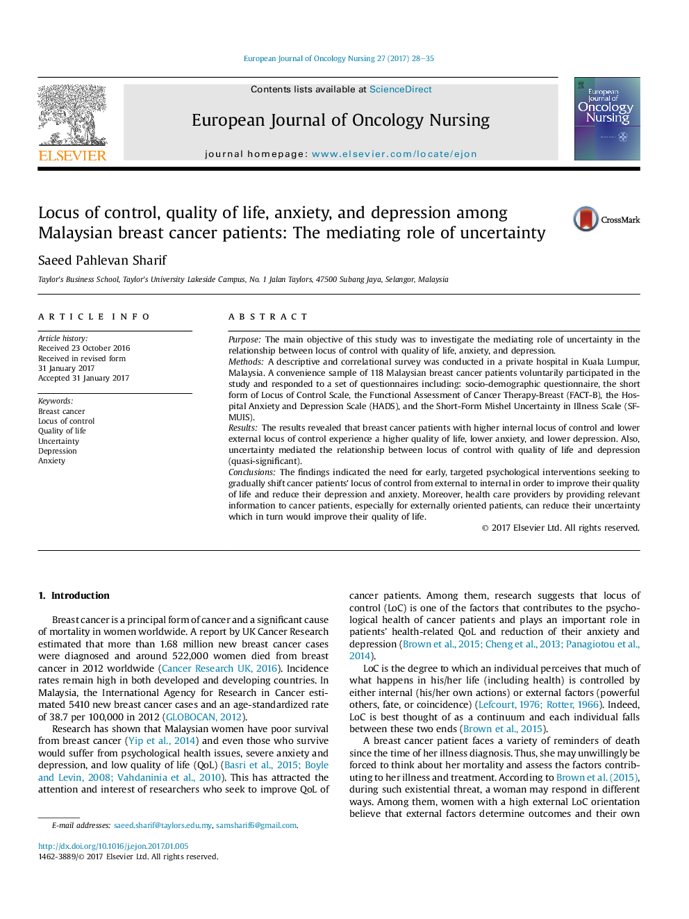 Locus of control, quality of life, anxiety, and depression among Malaysian breast cancer patients: The mediating role of uncertainty