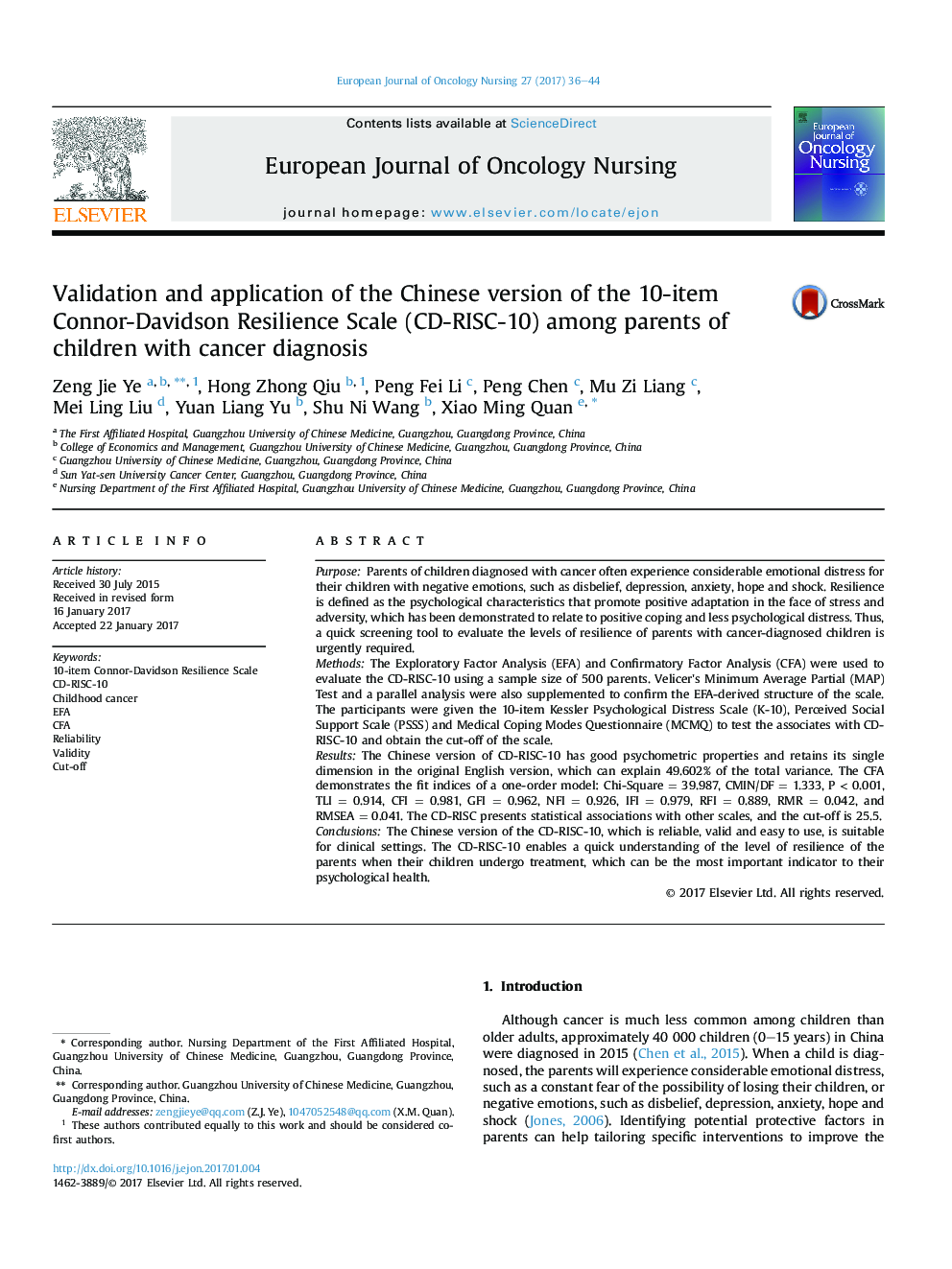 Validation and application of the Chinese version of the 10-item Connor-Davidson Resilience Scale (CD-RISC-10) among parents of children with cancer diagnosis