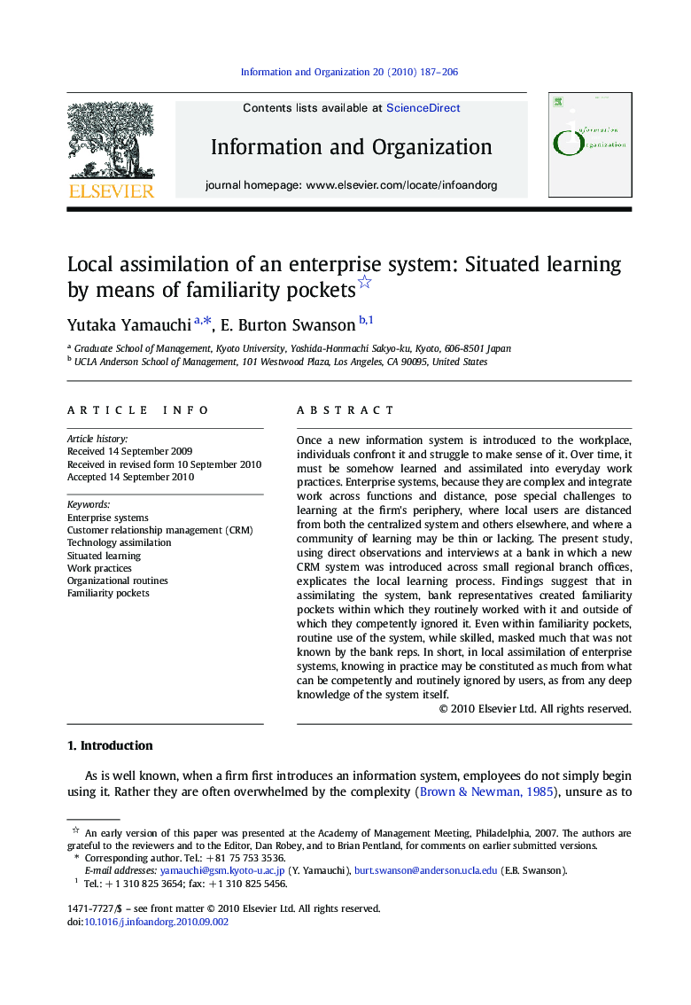 Local assimilation of an enterprise system: Situated learning by means of familiarity pockets 