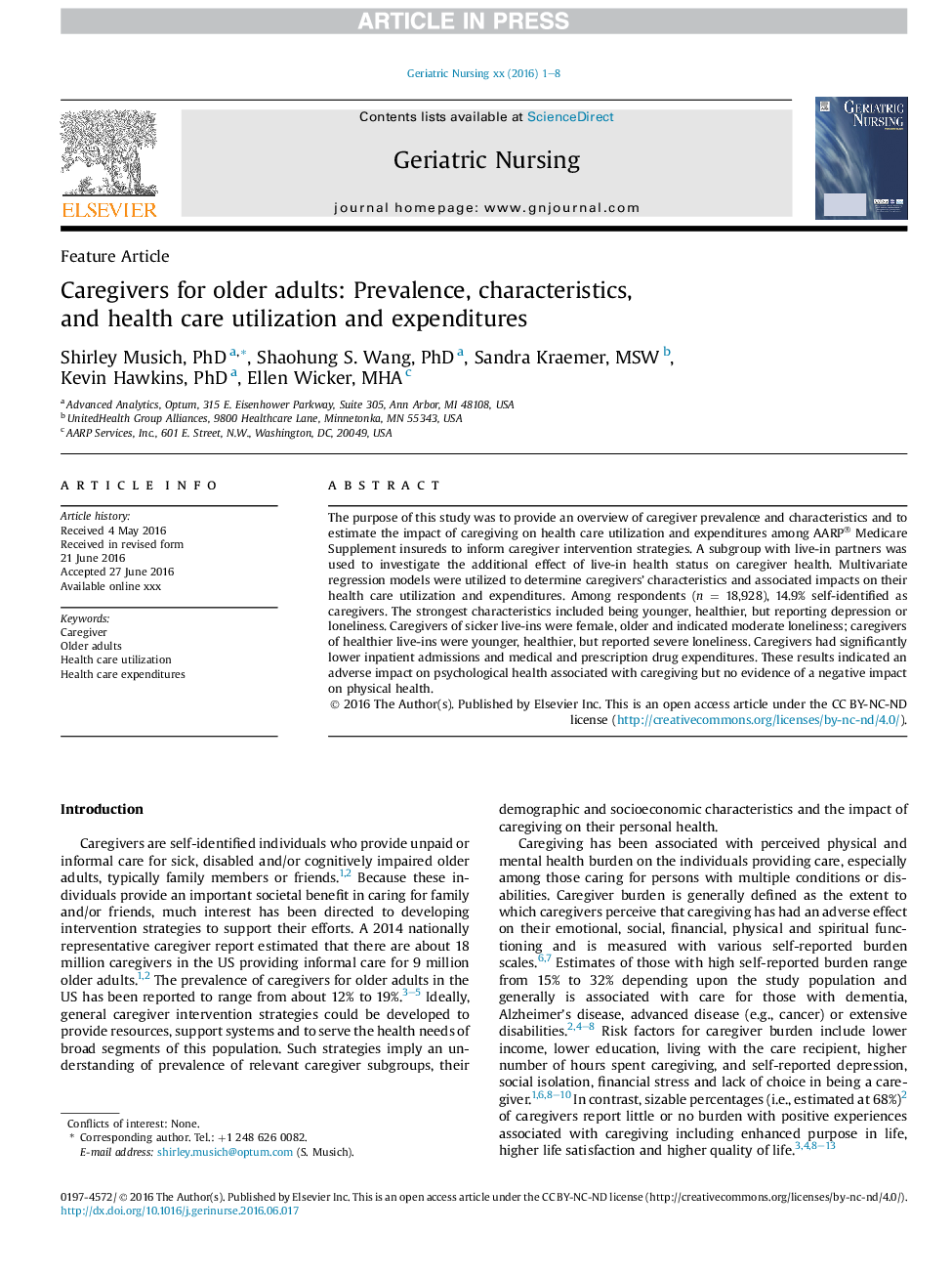 Caregivers for older adults: Prevalence, characteristics, and health care utilization and expenditures