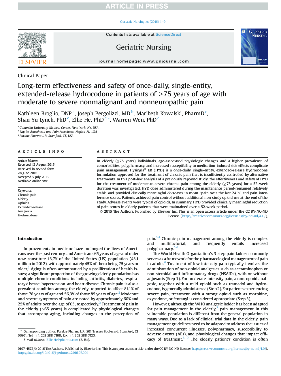 Long-term effectiveness and safety of once-daily, single-entity, extended-release hydrocodone in patients of â¥75 years of age with moderate to severe nonmalignant and nonneuropathic pain