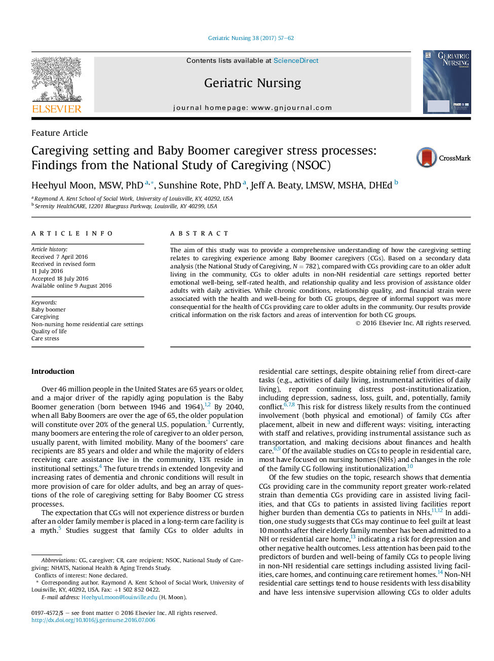 Caregiving setting and Baby Boomer caregiver stress processes: Findings from the National Study of Caregiving (NSOC)