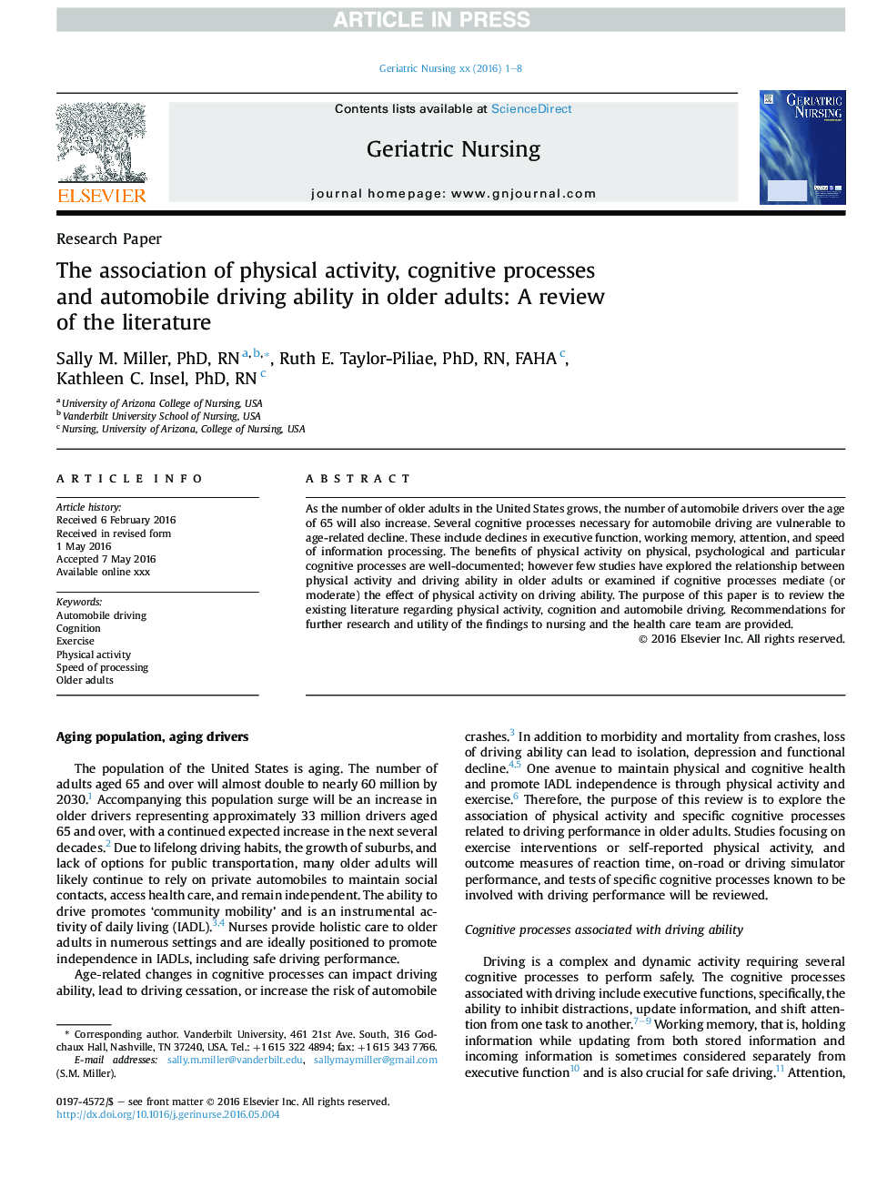 The association of physical activity, cognitive processes and automobile driving ability in older adults: A review ofÂ theÂ literature