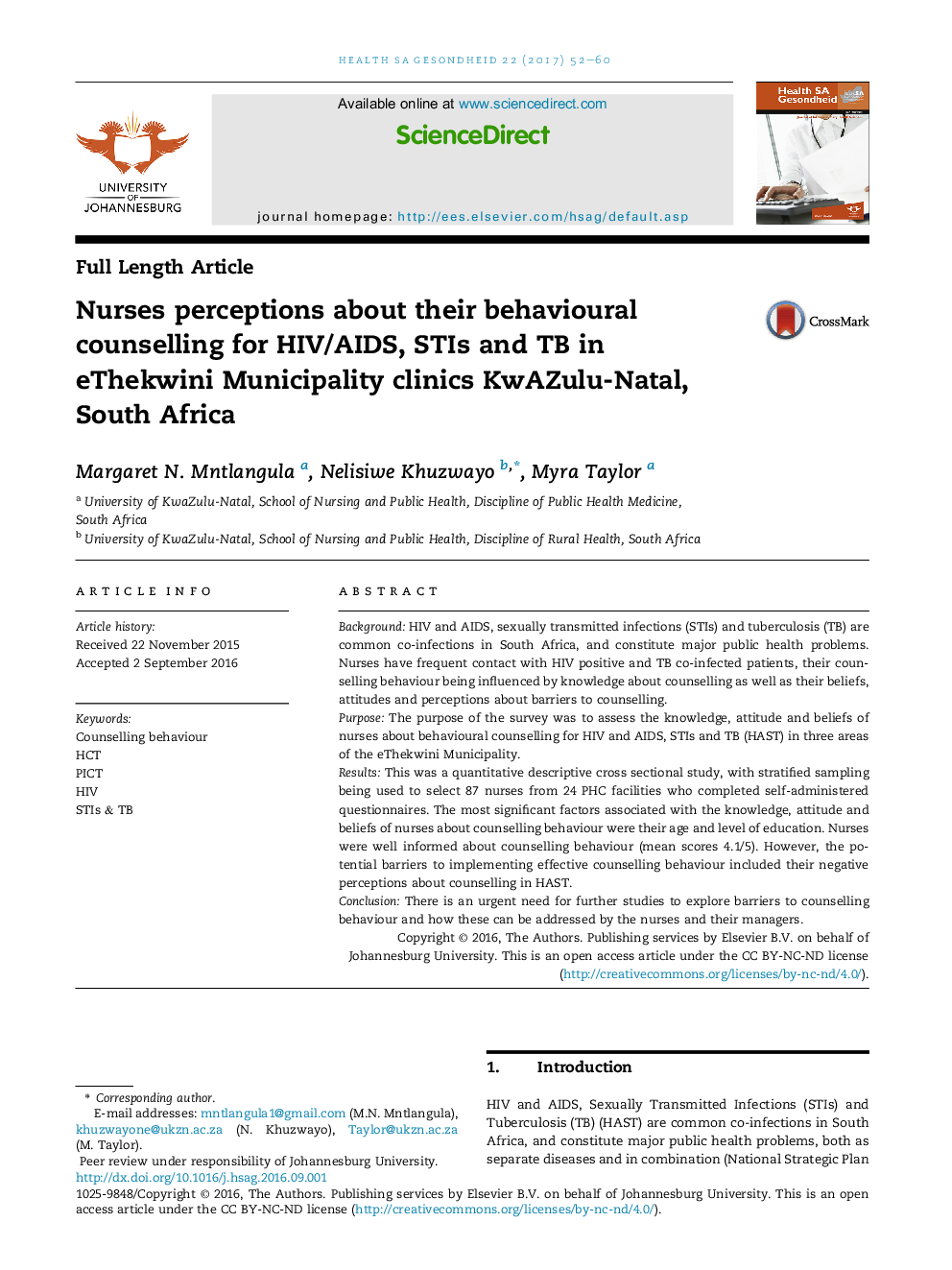 Nurses perceptions about their behavioural counselling for HIV/AIDS, STIs and TB in eThekwini Municipality clinics KwAZulu-Natal, South Africa