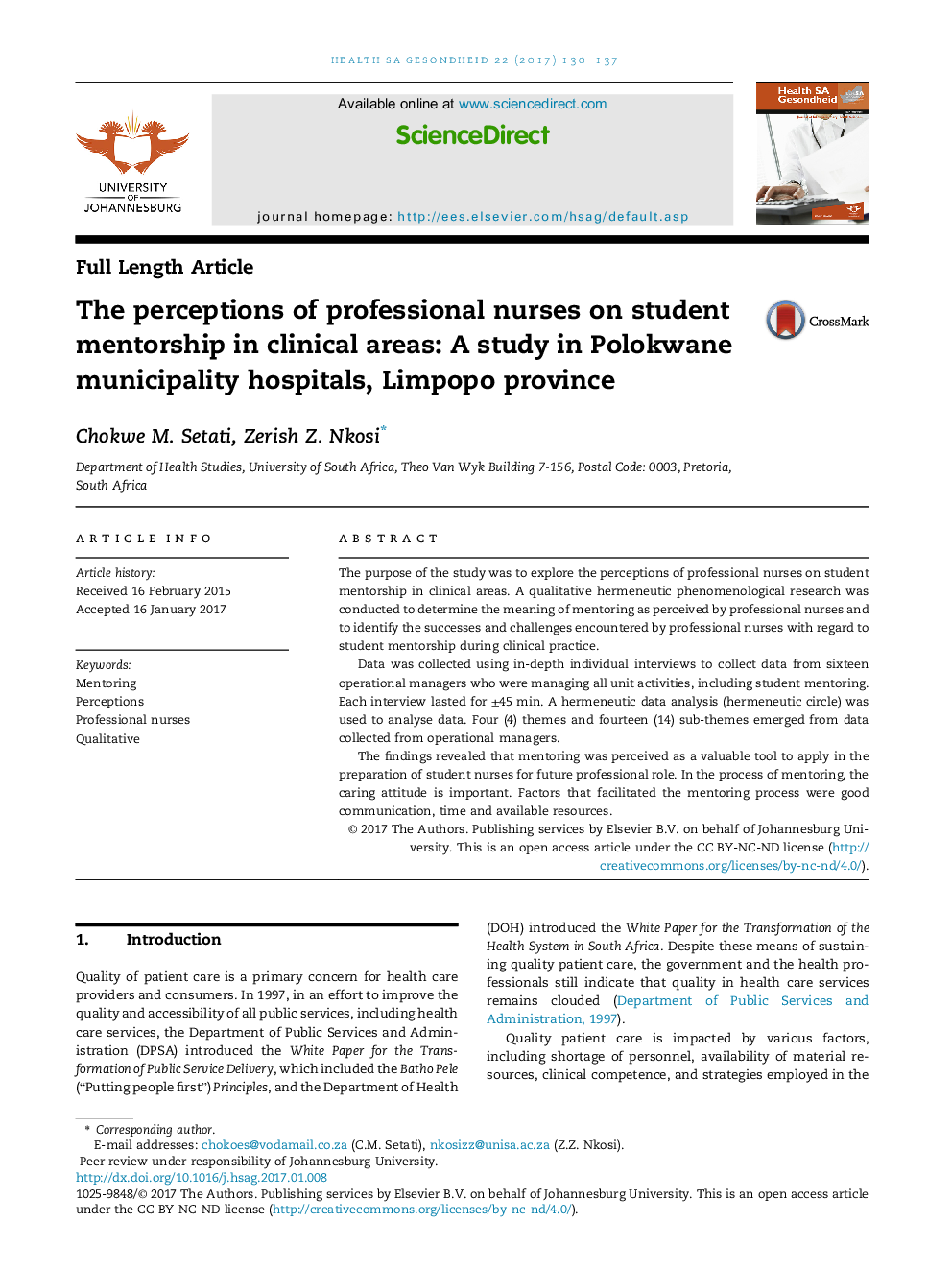 The perceptions of professional nurses on student mentorship in clinical areas: A study in Polokwane municipality hospitals, Limpopo province