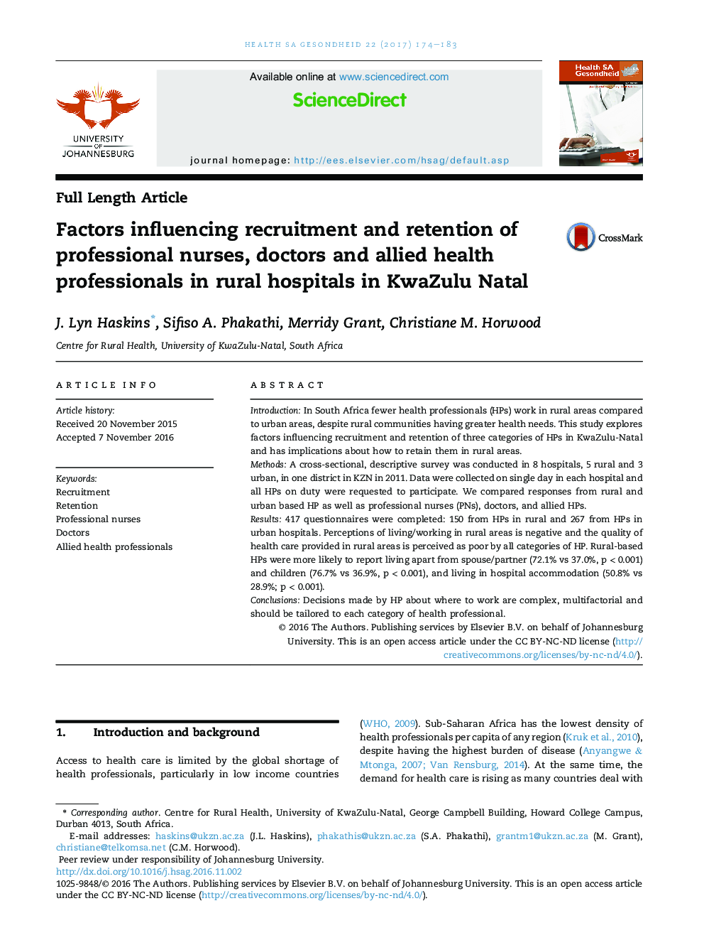 Factors influencing recruitment and retention of professional nurses, doctors and allied health professionals in rural hospitals in KwaZulu Natal