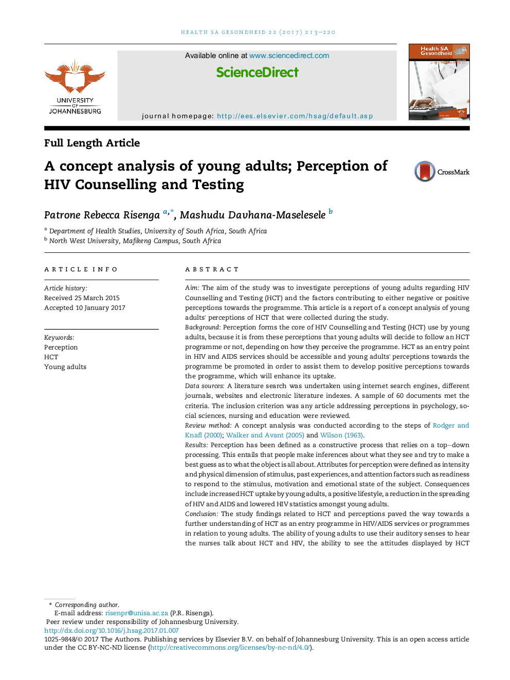 A concept analysis of young adults; Perception of HIV Counselling and Testing