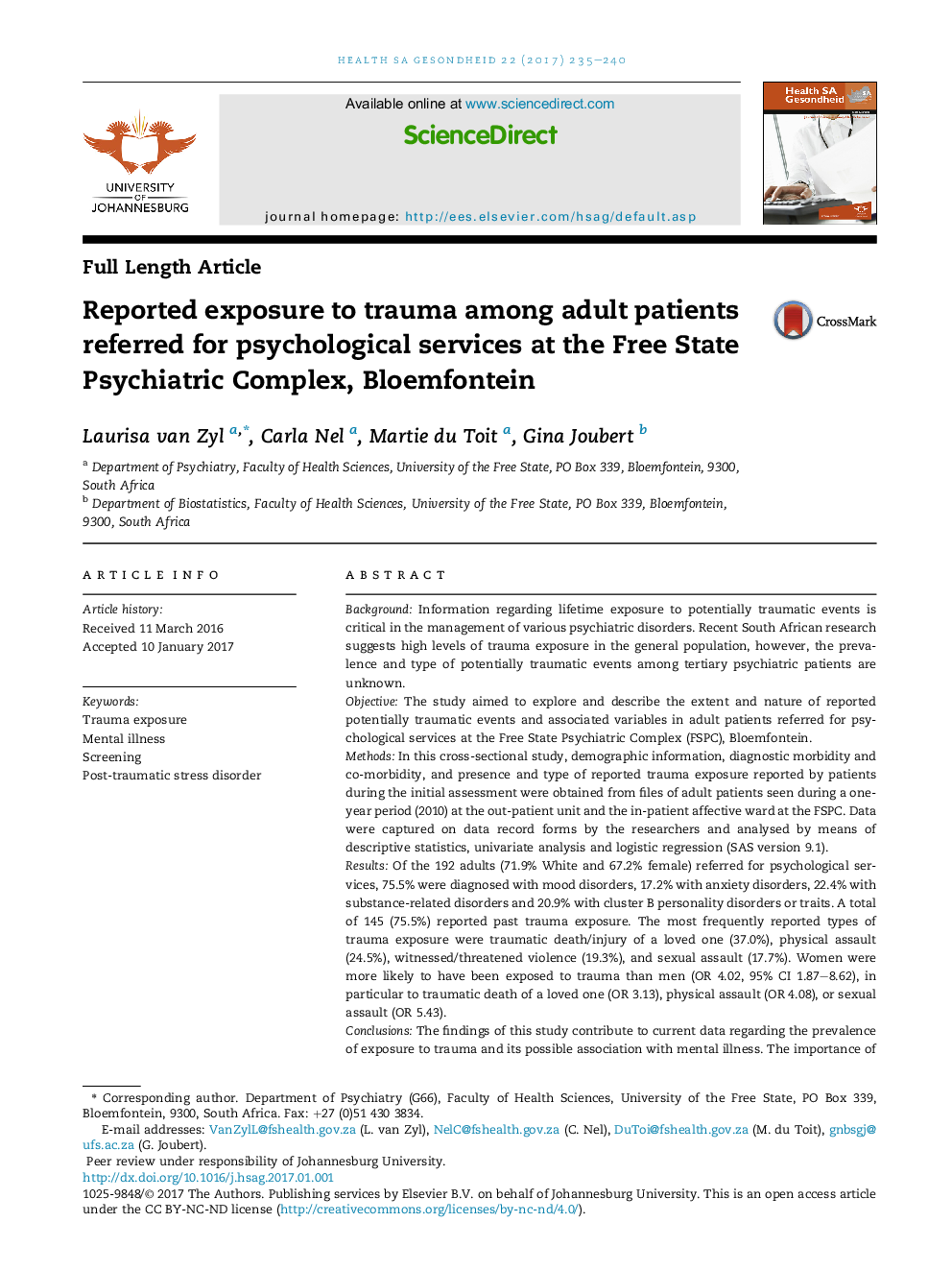 Reported exposure to trauma among adult patients referred for psychological services at the Free State Psychiatric Complex, Bloemfontein