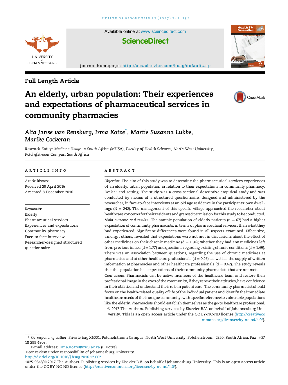 An elderly, urban population: Their experiences and expectations of pharmaceutical services in community pharmacies