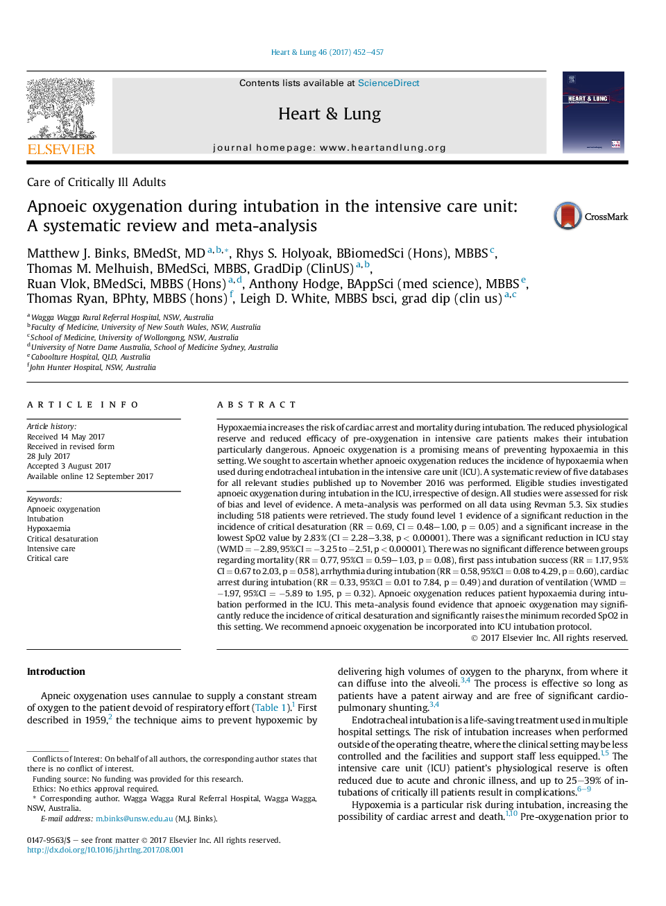 Apnoeic oxygenation during intubation in the intensive care unit: A systematic review and meta-analysis