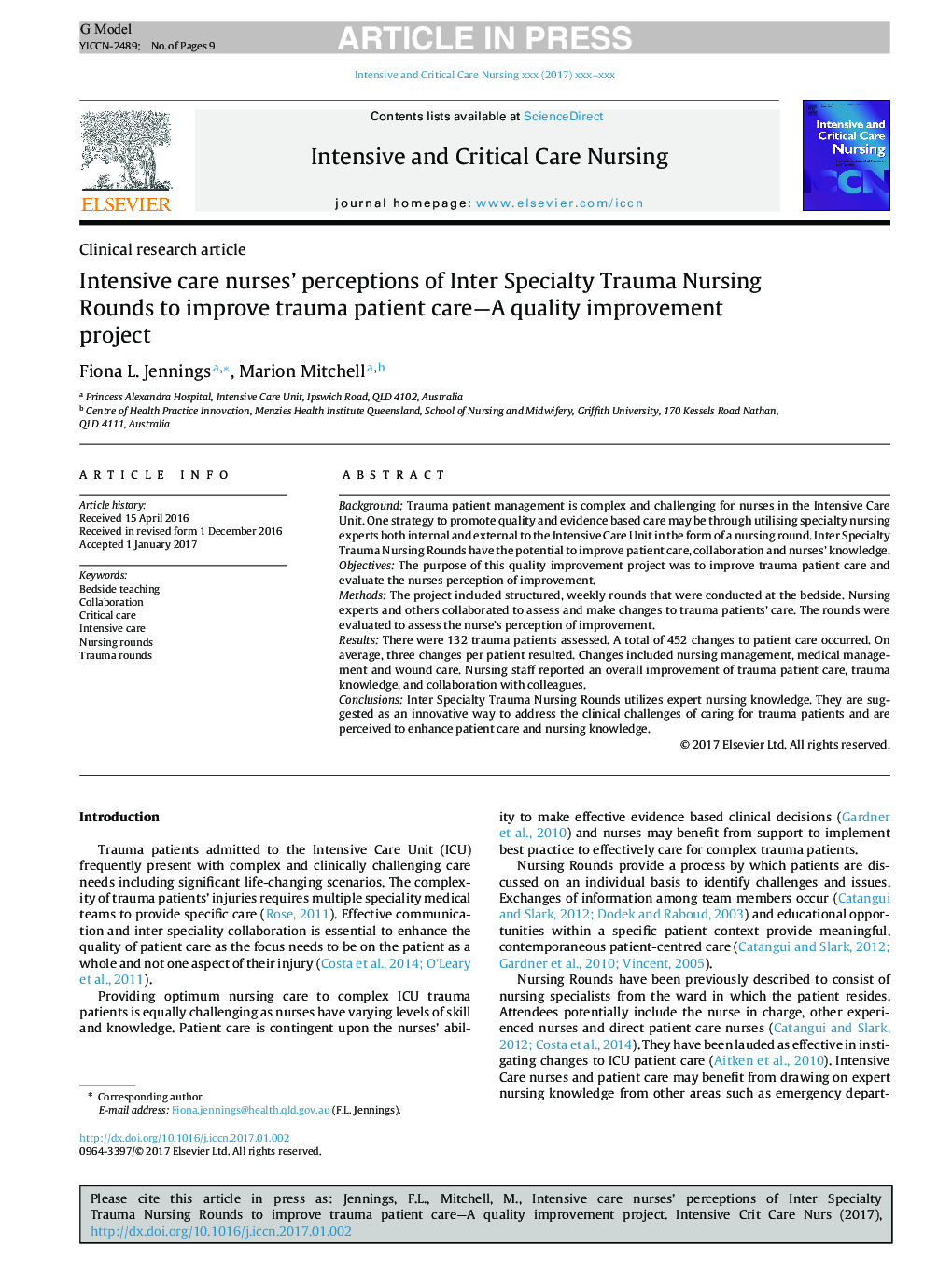 Intensive care nurses' perceptions of Inter Specialty Trauma Nursing Rounds to improve trauma patient care-A quality improvement project