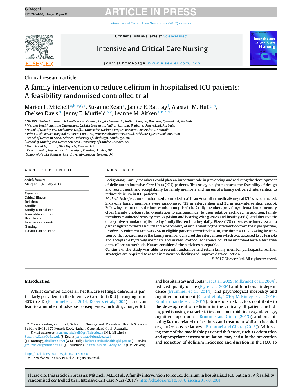 A family intervention to reduce delirium in hospitalised ICU patients: A feasibility randomised controlled trial