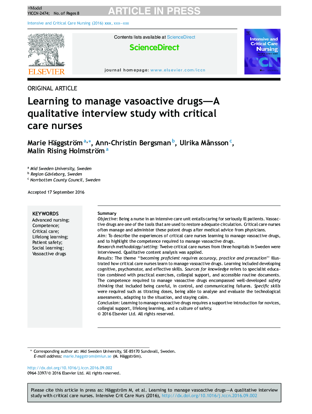Learning to manage vasoactive drugs-A qualitative interview study with critical care nurses