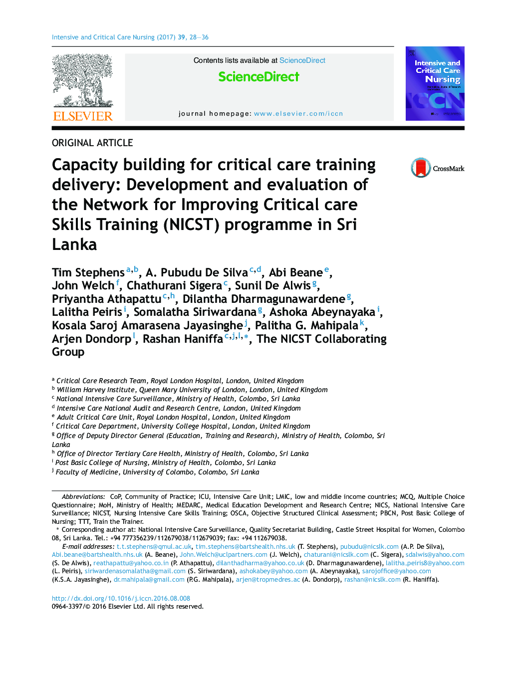 Capacity building for critical care training delivery: Development and evaluation of the Network for Improving Critical care Skills Training (NICST) programme in Sri Lanka