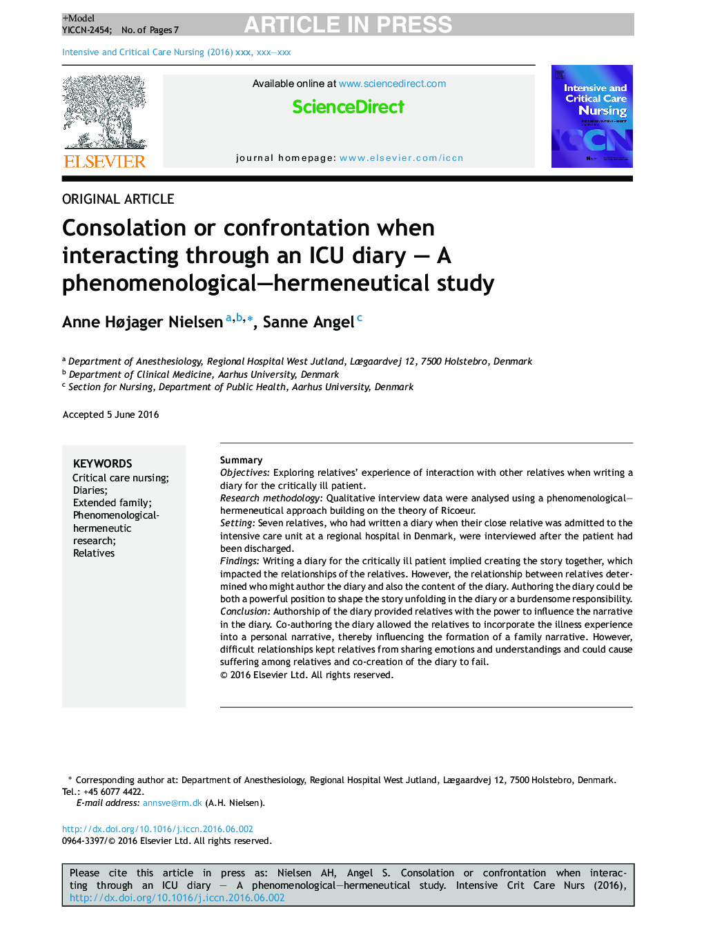 Consolation or confrontation when interacting through an ICU diary - A phenomenological-hermeneutical study