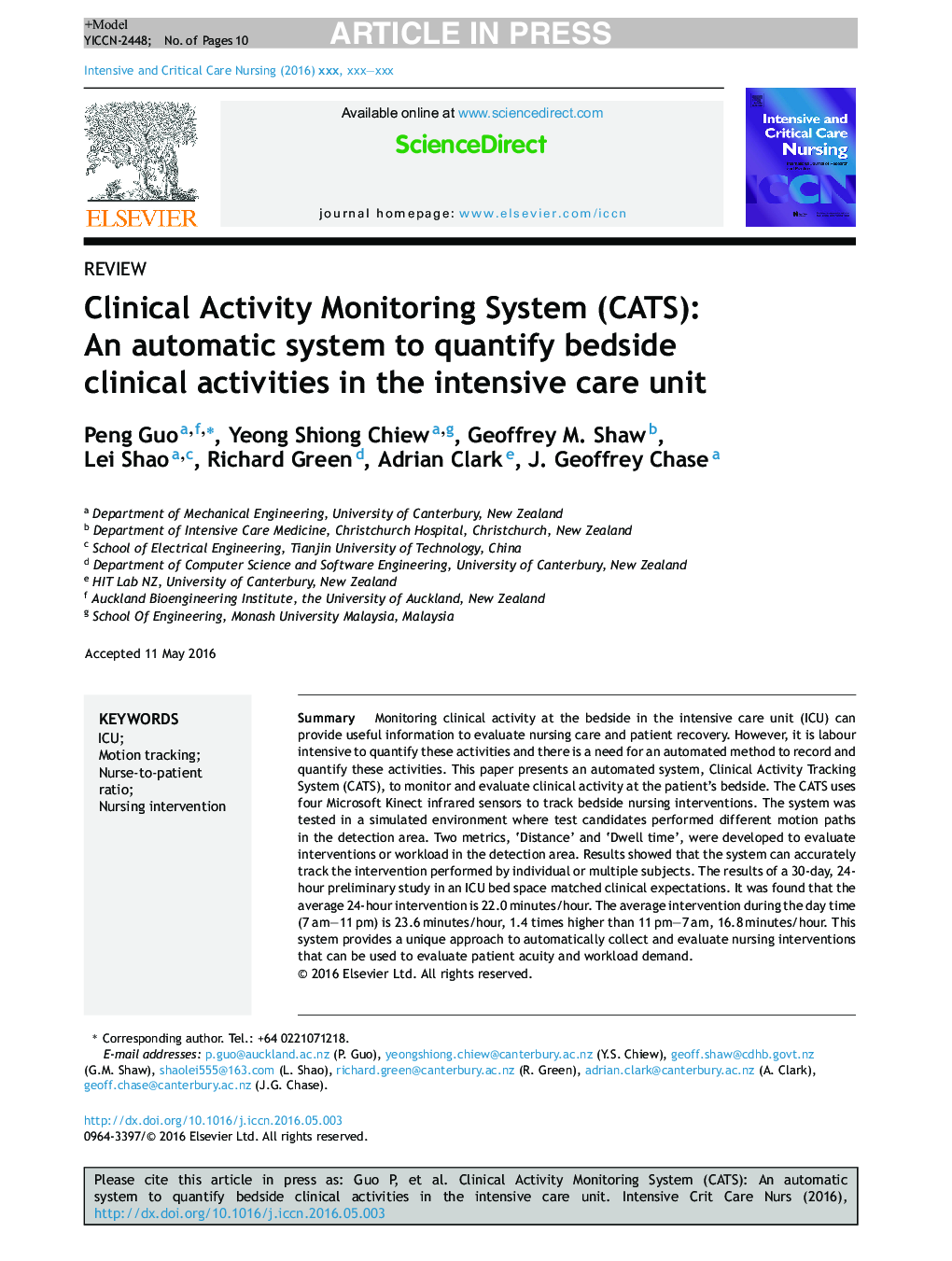 Clinical Activity Monitoring System (CATS): An automatic system to quantify bedside clinical activities in the intensive care unit