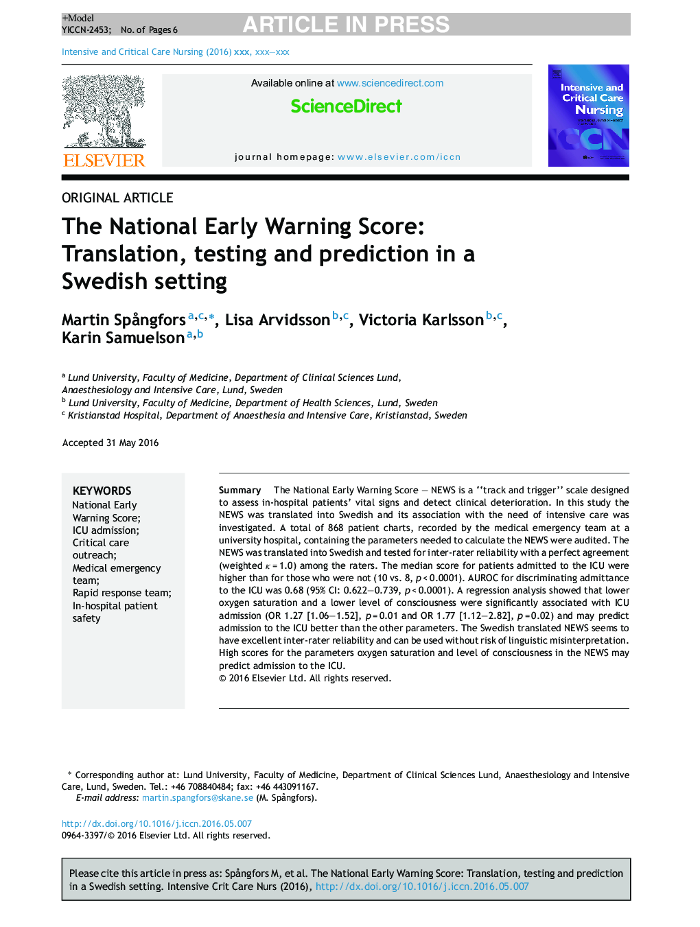 The National Early Warning Score: Translation, testing and prediction in a Swedish setting