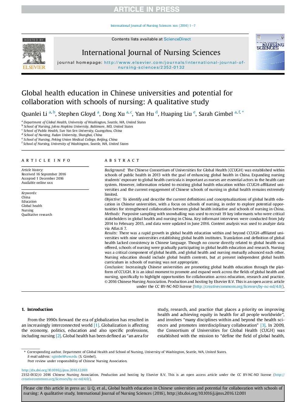 Global health education in Chinese universities and potential for collaboration with schools of nursing: A qualitative study