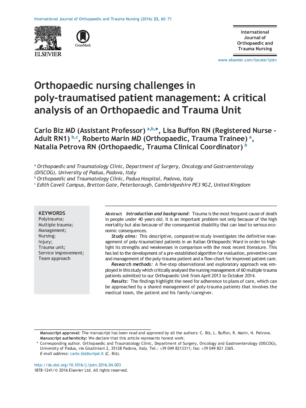 Orthopaedic nursing challenges in poly-traumatised patient management: A critical analysis of an Orthopaedic and Trauma Unit