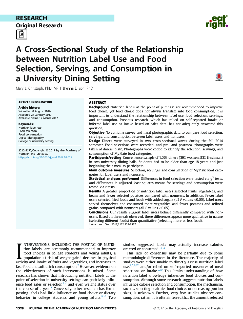 A Cross-Sectional Study of the Relationship between Nutrition Label Use and Food Selection, Servings, and Consumption in aÂ University Dining Setting