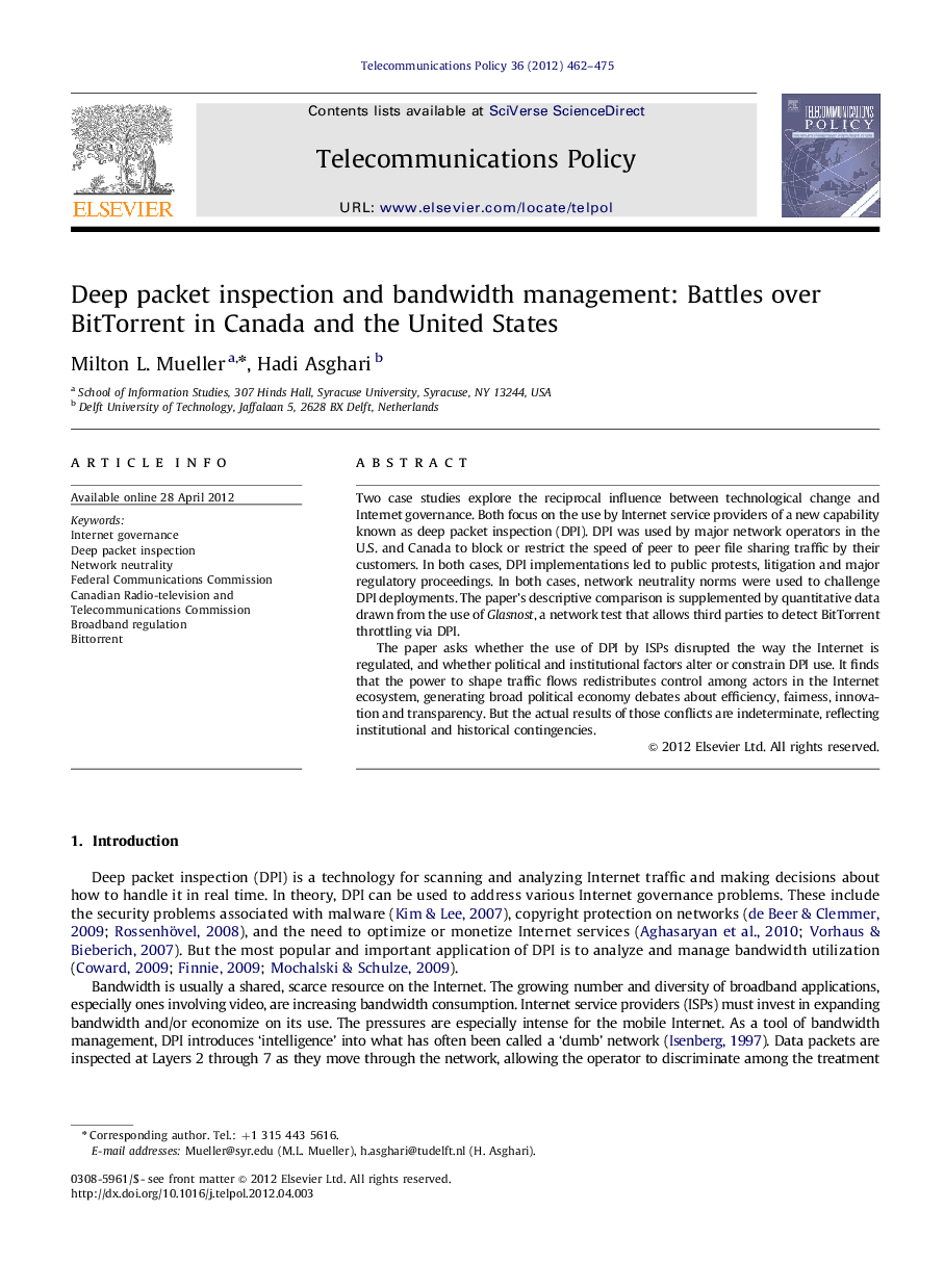 Deep packet inspection and bandwidth management: Battles over BitTorrent in Canada and the United States