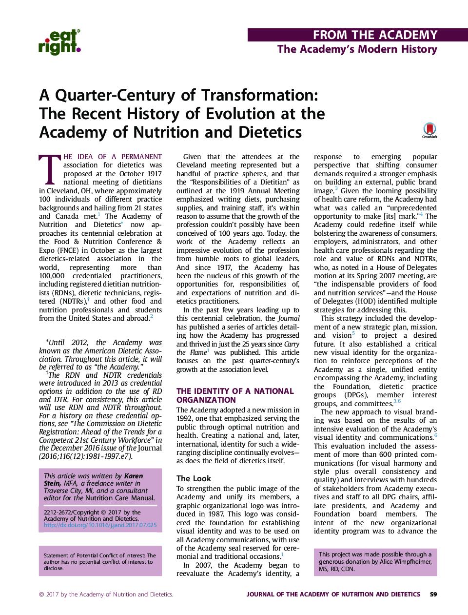 A Quarter-Century of Transformation: The Recent History of Evolution at the Academy of Nutrition and Dietetics