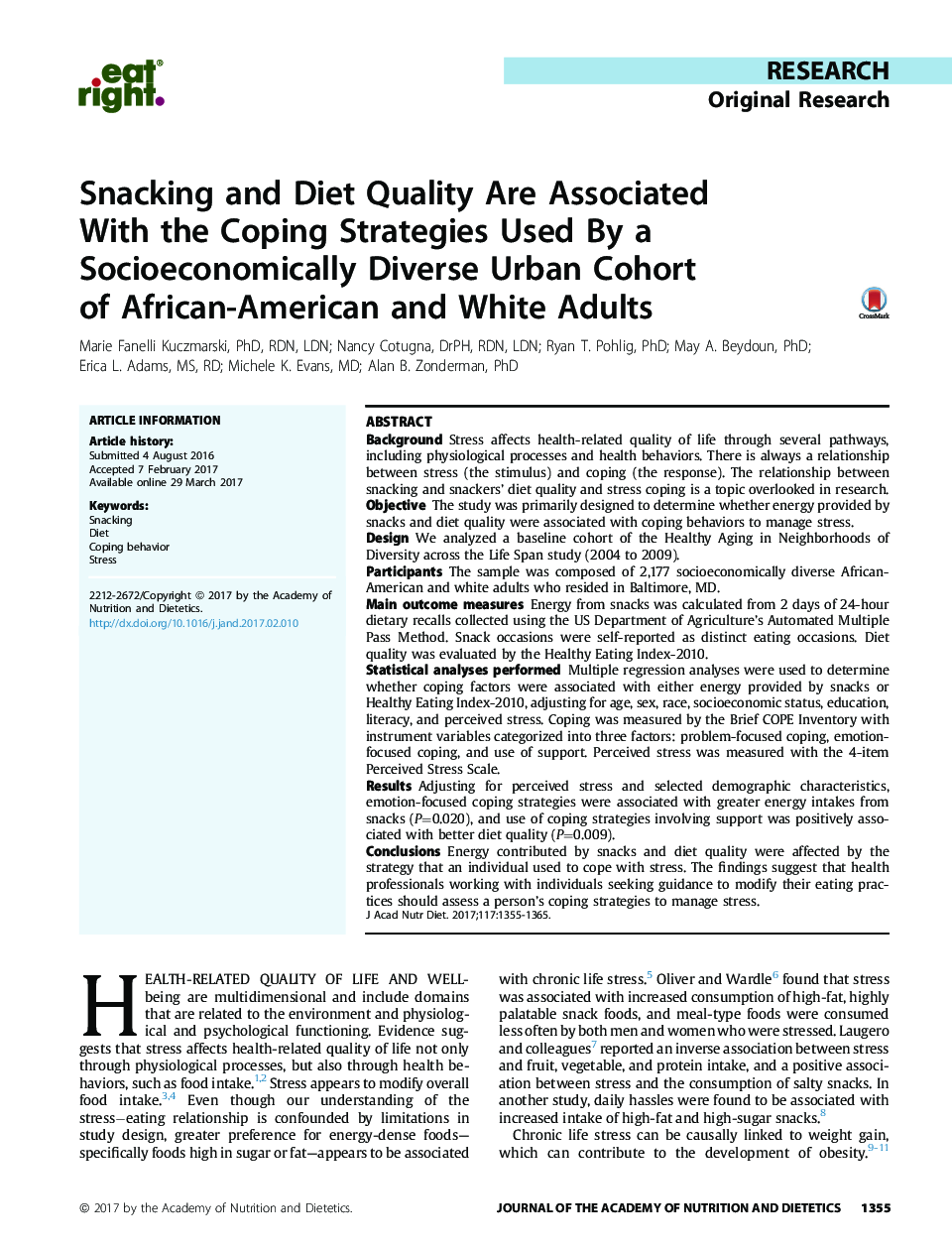 Snacking and Diet Quality Are Associated With the Coping Strategies Used By a Socioeconomically Diverse Urban Cohort of African-American and White Adults