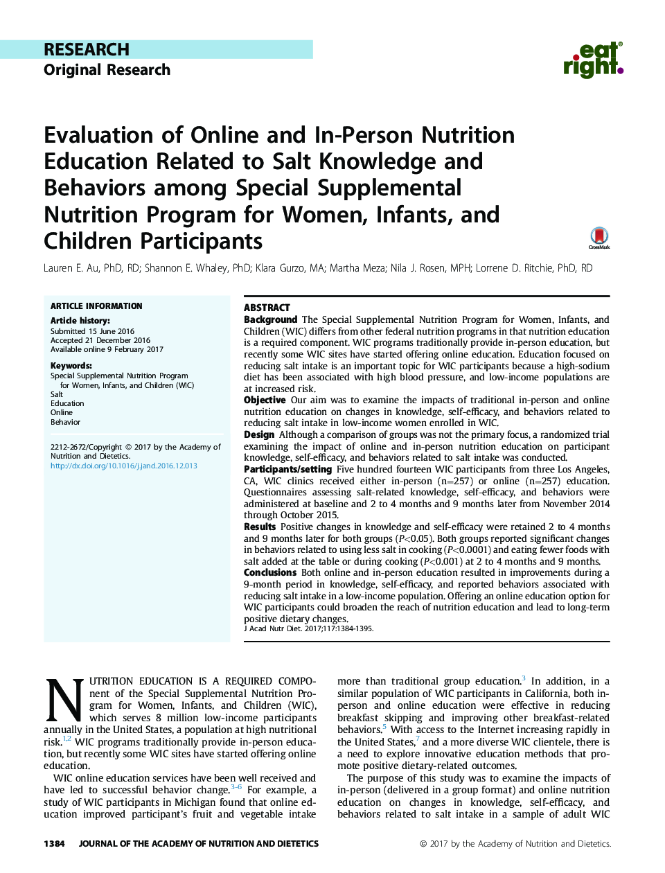 ارزیابی آموزش تغذیه آنلاین و فردی مربوط به دانش و رفتار نمک در میان برنامه های تغذیه ای ویژه برای زنان، نوزادان و شرکت کنندگان کودکان 