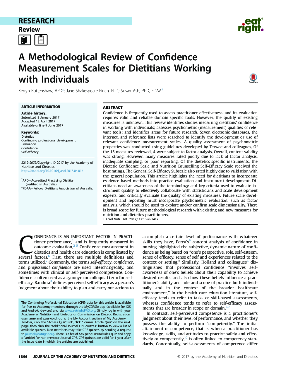 A Methodological Review of Confidence Measurement Scales for Dietitians Working with Individuals