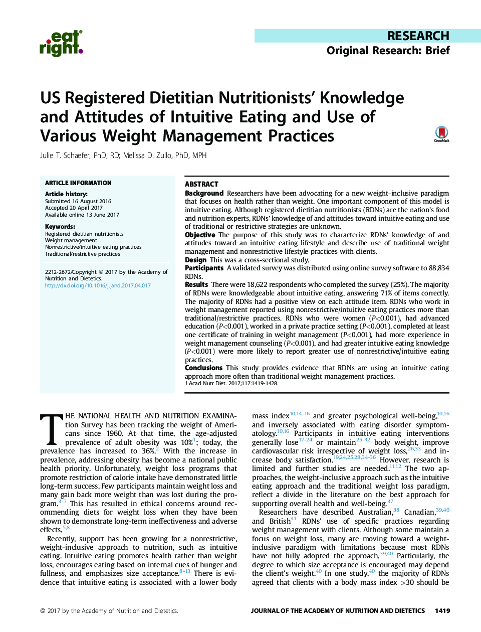 دانش و تغذیه صاحب نظران تغذیه دندانپزشکی ایالات متحده با خوردن غذای خودآموز و استفاده از روشهای مختلف مدیریت وزن 