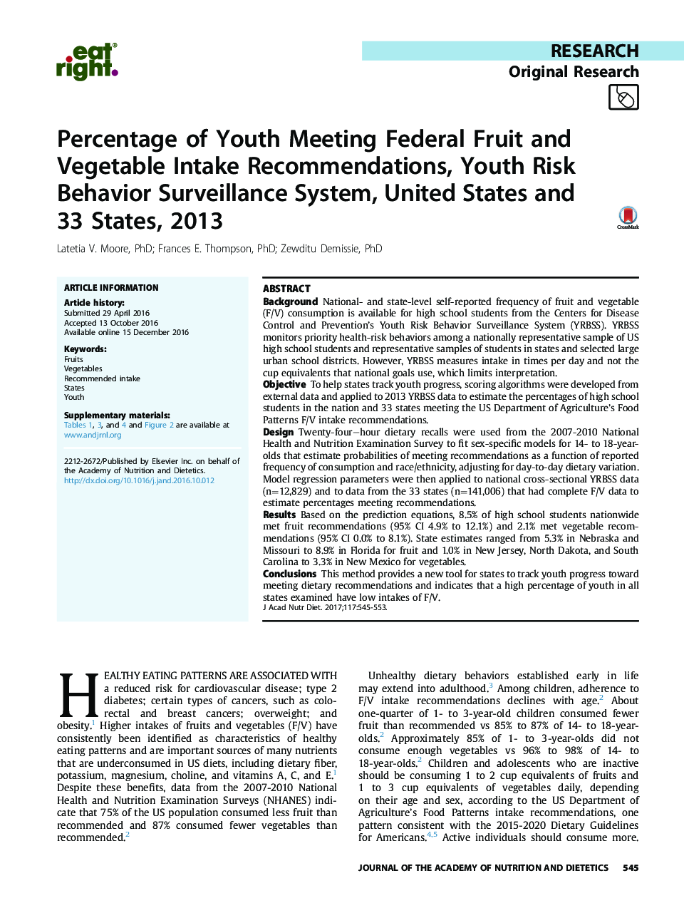 درصد برنامه های توصیه شده برای مصرف کنندگان میوه ها و سبزیجات، سیستم نظارت بر رفتار جوانان ریسک، ایالات متحده و 33 کشور، 2013 